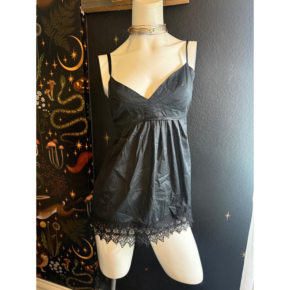 New York & Company Black Cotton Lace Trim Babydoll Camisole Top Size 14